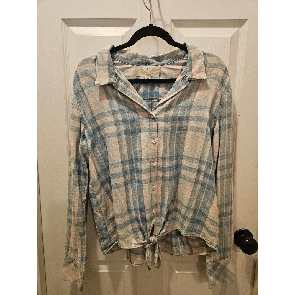 Cloth & Stone Blue and Pink Flannel Plaid Button Up Size Medium Tie Front